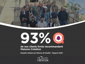 Illustration des résultats de satisfaction client de Maisons Création avec un taux de recommandation élevé sur des projets de construction de maison sur mesure.