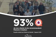 Illustration des résultats de satisfaction client de Maisons Création avec un taux de recommandation élevé sur des projets de construction de maison sur mesure.